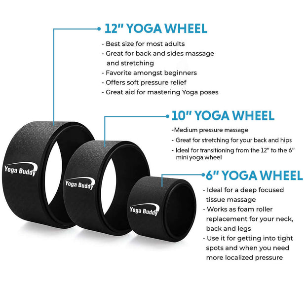 12" Yoga Wheel for gentle pressure 10" Wheel for medium pressure 6" Yoga wheel for deep tissue pressure for back pain relief