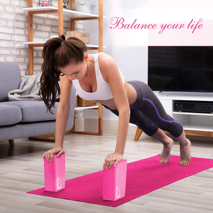Yoga Block Stretch Out Strap Set Pink - Yoga Blocks 2 Pack with Physical Therapy Stretch Band